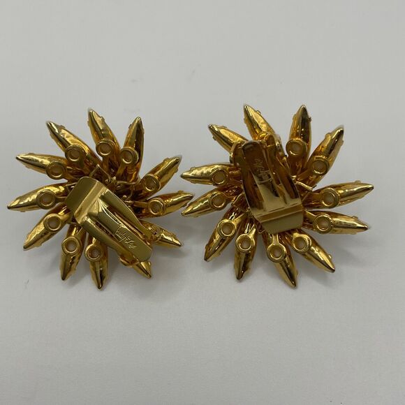 Vintage Judy Lee Clip On Earrings Milk Glass Rhinestone Starburst Pinwheel - Picture 5 of 8